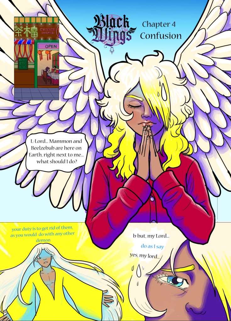The Supreme Angel tells Remiel to kick Beelzebub and Mammon out of a restaurant in Hong Kong, but it is difficult for him to do that .
China comic webcomic webtoon archangel tapas comic demon demons