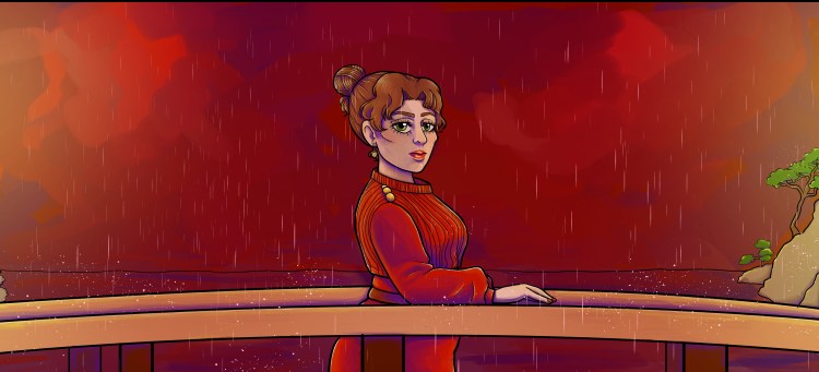 Amelia in a bridge and a rainy dark night in beelzebub's city and country peirahrim