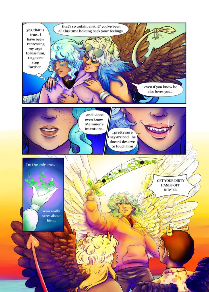 Archangel Ragüel being tempted by demon Leviathan with the sin of jealousy. Archangel Ragüel, manipulated by their sin, attacking demon mammon.